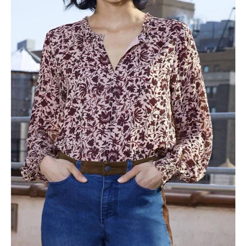Ecru Portman Smocked‎ Sleeve Blouse in Burgundy Floral Sz M